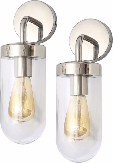 Reeth 2 Pack of Industrial Style Curved Outdoor Wall Lights in Silver Steel with Transparent Glass