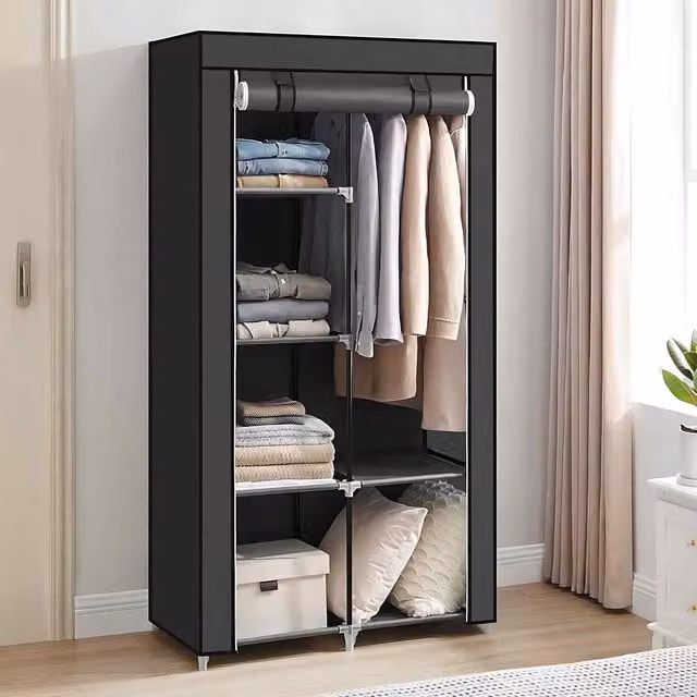 The Bazaarist Freestanding Clothes Storage Wardrobe with 6 Shelves and Hanging Rail in Black