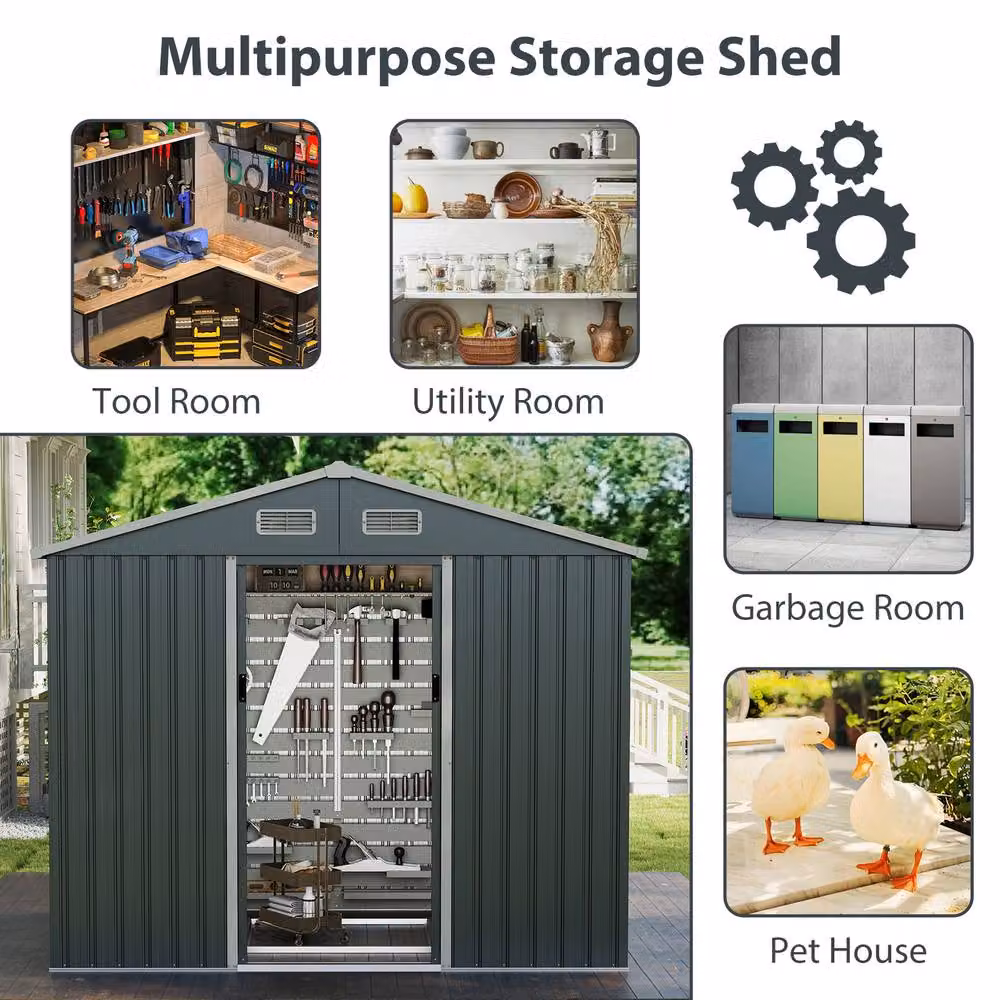 Gymax Large Outdoor Storage Shed and Utility Tool House with Sloping Top, Grey, W/D/H: 226 x 162 x 196 cm – 6