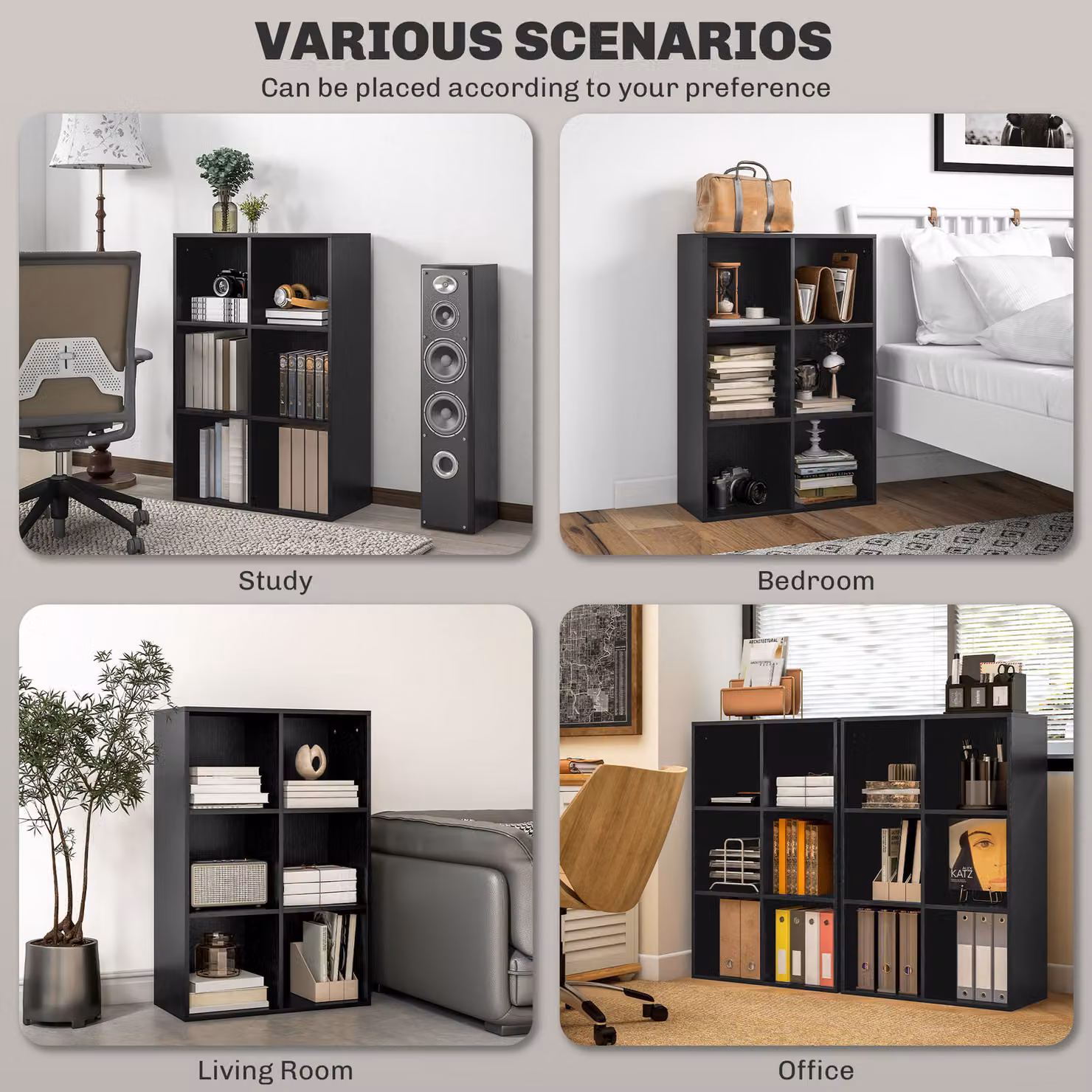 HOMCOM Six-Cube Freestanding Bookcase in Black Wood Effect – 6