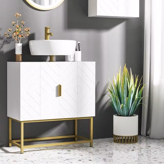 kleankin Modern White Bathroom Under Sink Storage Cabinet with 2 Hinged Doors and Gold Metal Legs
