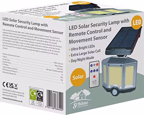 St Helens Home & Garden Black Solar Outdoor Security Wall Lamp with LED, Motion Sensor and Remote Control – 5