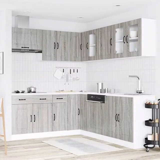 Berkfield Home Kalmar 11 Piece Modern Kitchen Cabinet Set in Grey Sonoma Engineered Wood with Glass Doors and Integrated Lighting