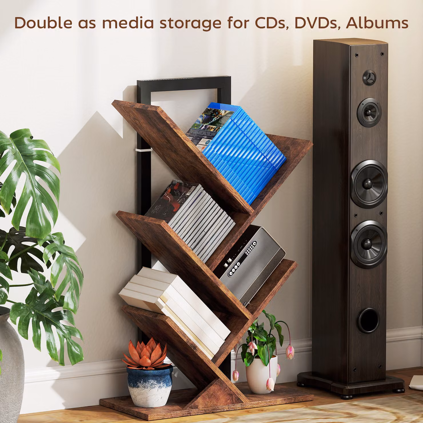HOMCOM Four-Section Tree Bookcase in Brown Wood-Effect with Metal and Composite Ladder Design – 4