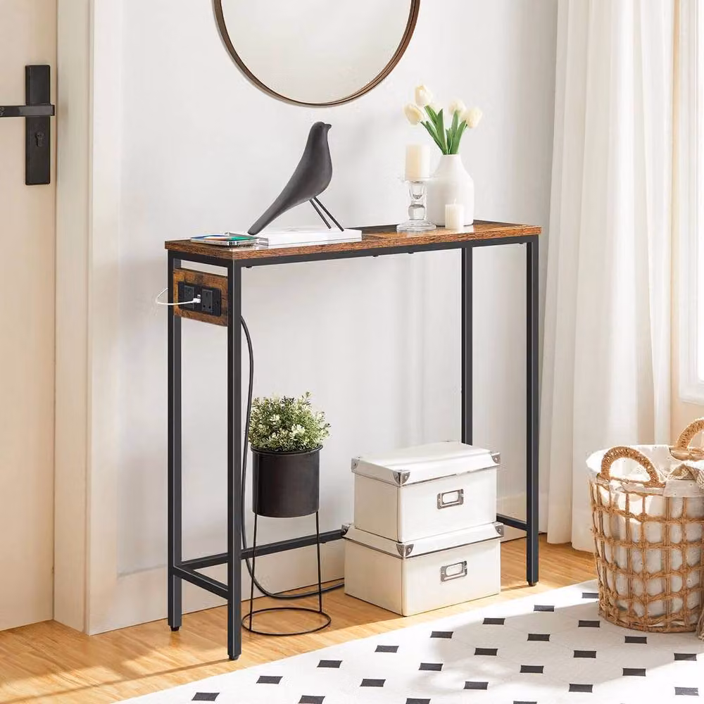 PAWNORA Rustic Brown Console Table with Power Outlets, W/D/H: 75 x 24 x 75 cm – 5