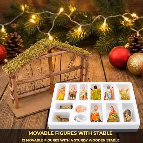 Shatchi Large Handmade Nativity Scene with Wooden Stable and 12-Piece Figurine Set in Brown and Multicolour – 3