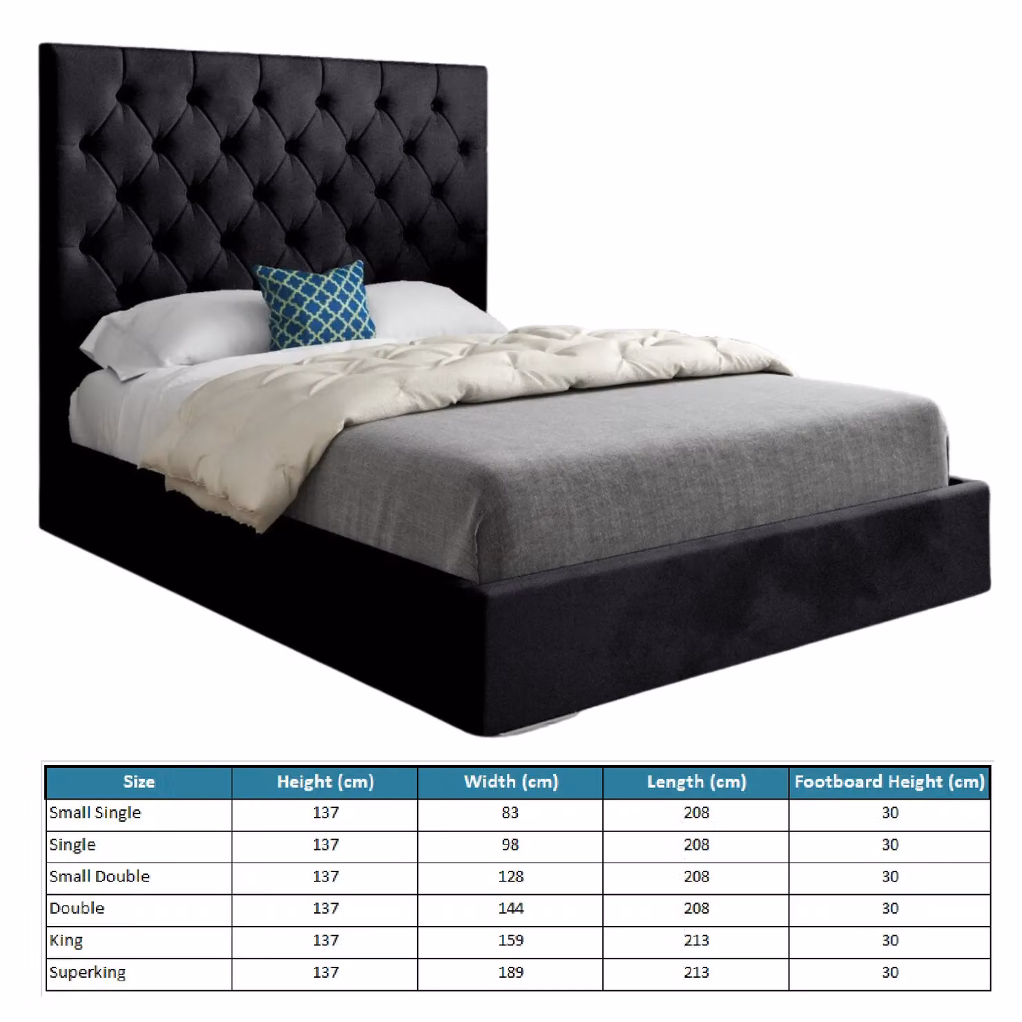 KDMD Alma Chesterfield Upholstered Velvet Bed Frame in Black, W/D/H: 120 x 200 cm – 4
