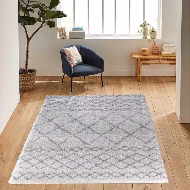 Desire Rugs Moroccan Berber Shaggy Boho Rug with Diamond Design in White and Grey, W: 120 cm, L: 170 cm