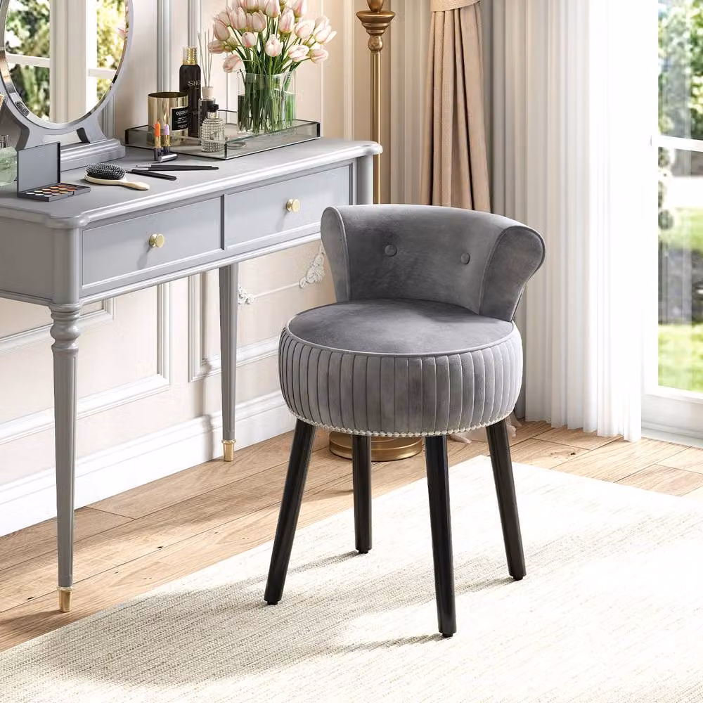 Costway Velvet Tufted Back Upholstered Vanity Makeup Stool in Grey – 4