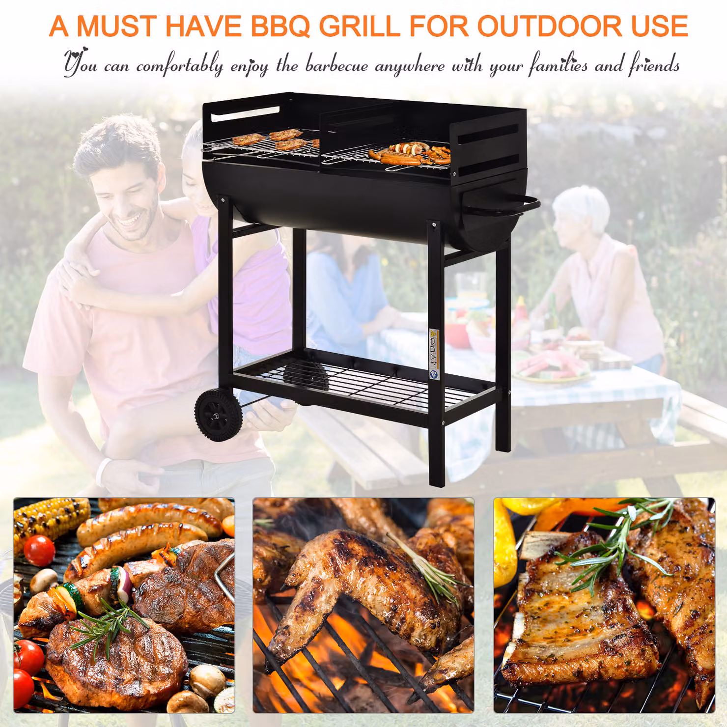 Outsunny Charcoal Barbecue Grill Trolley in Black with Dual Grill Nets and Wheels, Steel Construction, W/D/H: 96 x 90 x 45 cm – 4