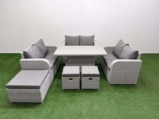 Fimous 9 Seater PE Wicker Rattan Garden Furniture Set in Light Grey with Adjustable Lifting Coffee Table, 2 Seater Sofa and 3 Ottomans
