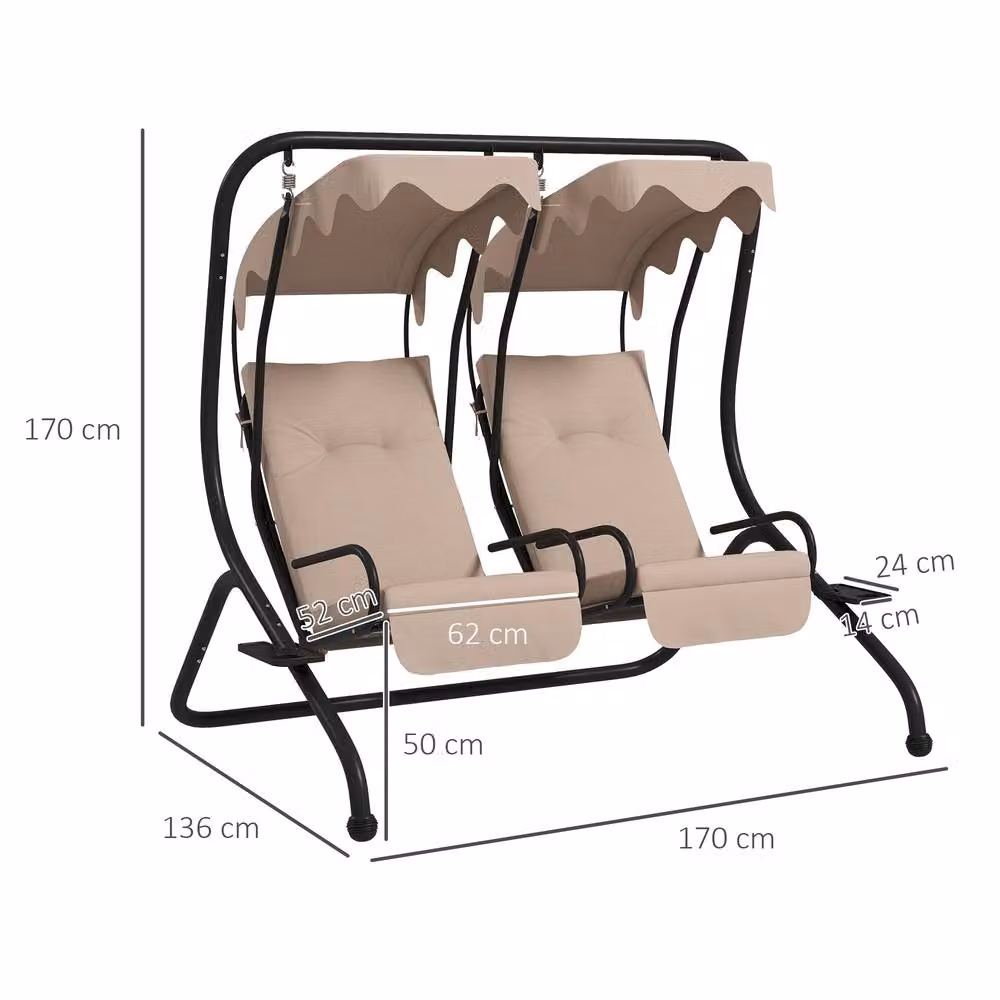 OUTSUNNY Modern Double Canopy Swing Set with Two Separate Relax Chairs and Cup Holders in Beige – 2