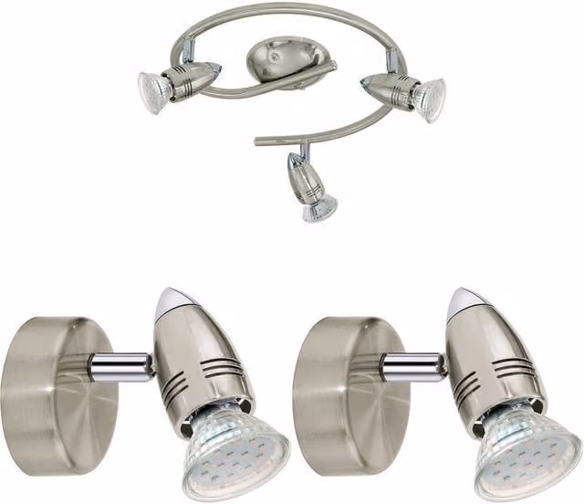 Loops Adjustable Round Ceiling Spot Light and 2x Matching Wall Lights in Silver Metal