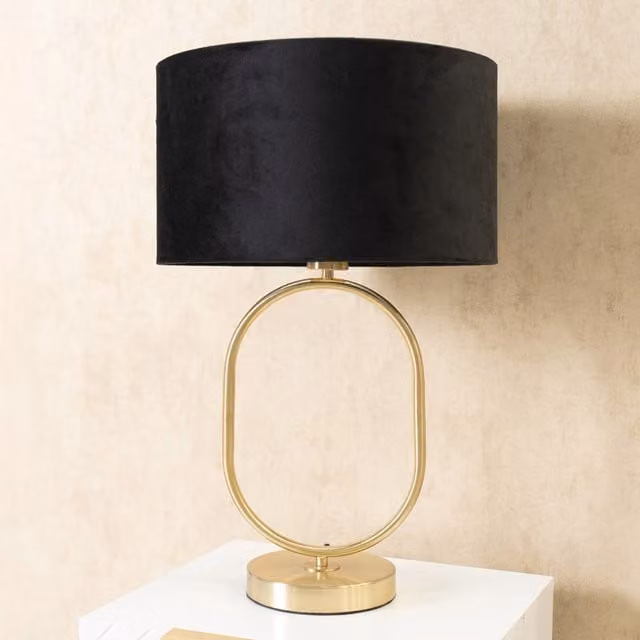Antonia Brushed Gold Oval Table Lamp with Black Velvet Drum Shade