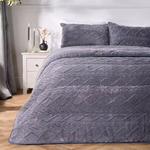 OHS 10.5 Tog Cable Knit Teddy Fleece Coverless Duvet and Pillowcase Set, Grey, W/D/H: 135 x 200 cm – 1