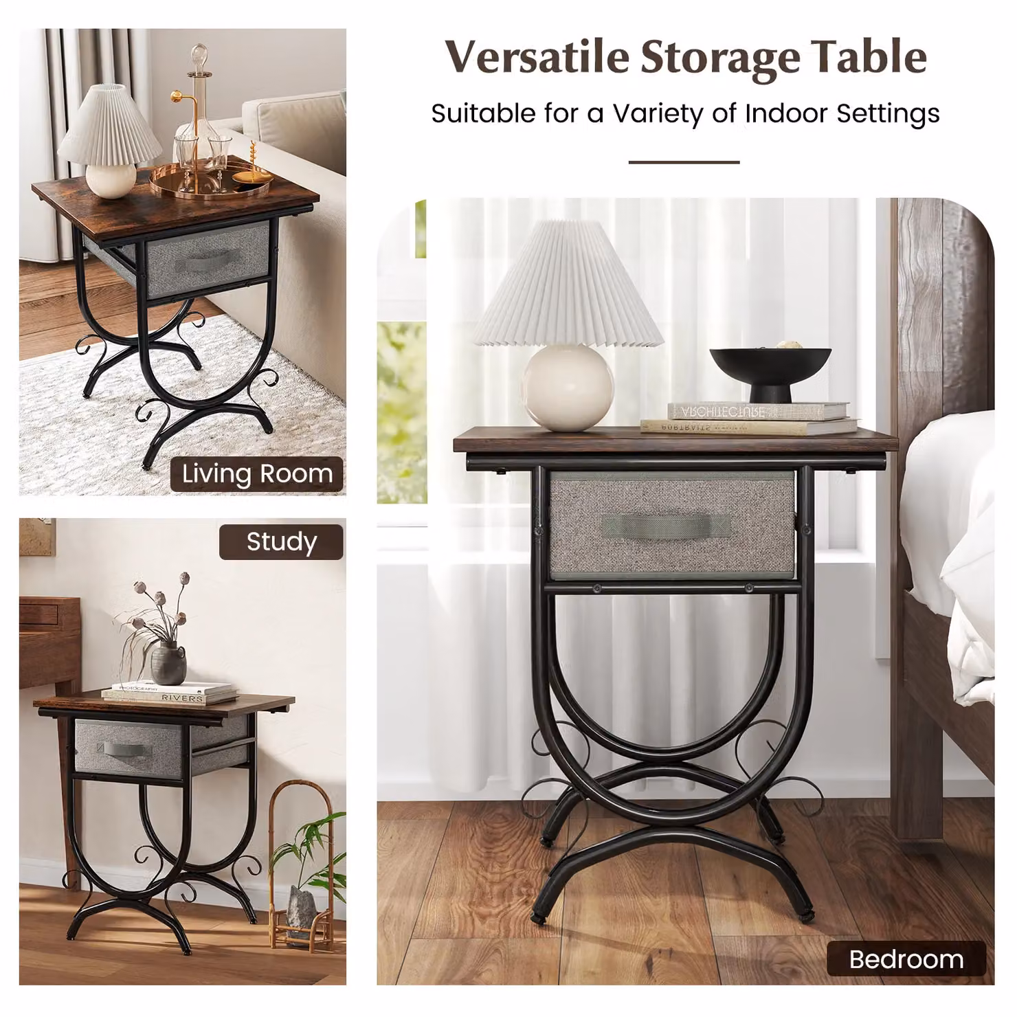 Gymax Industrial 2-Tier Bedside Table with Fabric Drawer in Brown – 5