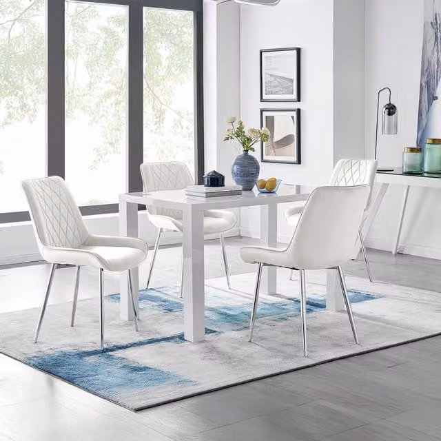 FurnitureboxUK Pivero White Rectangular Dining Table and 4 Pesaro Silver Leg Chairs in Cream
