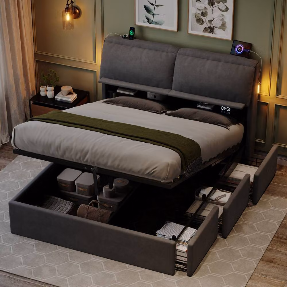 Merax 5ft King Ottoman Bed in Grey with Drawers, LED Lighting and USB Charging Station – 3