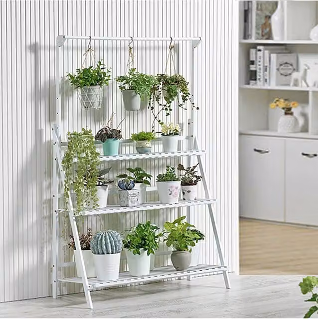 Living and Home 3-Tier Foldable Wooden Ladder Shelf with Hanging Rod in White – 1