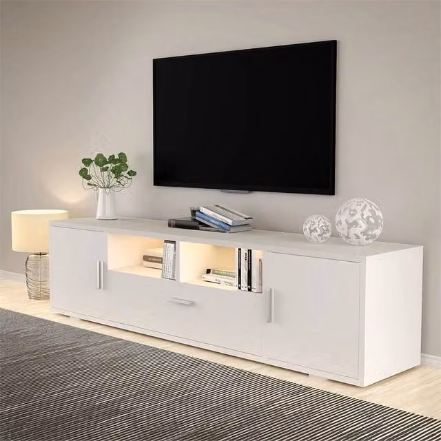 Nordara White High Gloss MDF LED TV Entertainment Cabinet with Integrated RGB Lighting W: 160 cm, D: 40.64 cm, H: 40.64 cm