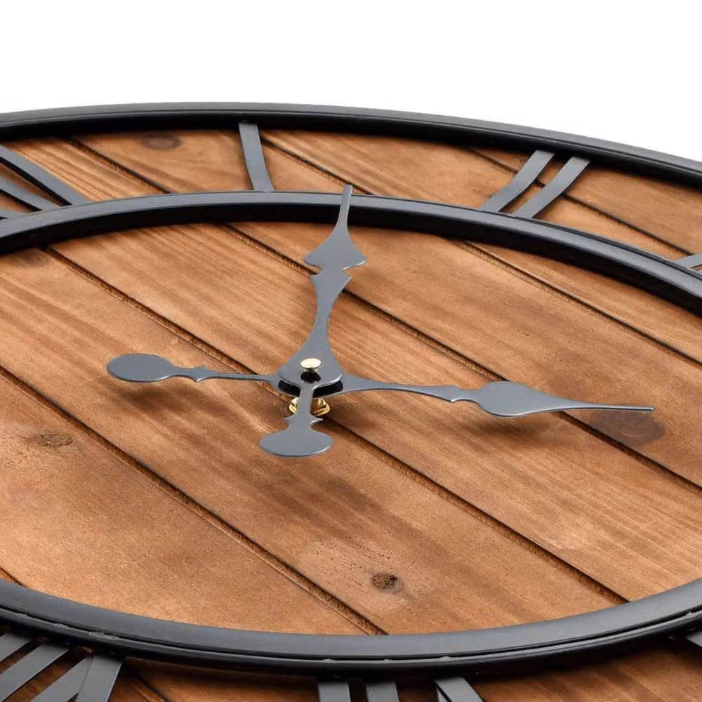 Berkfield Home Vintage Round Wall Clock with Quartz Movement in Brown Wood and Metal, Diameter: 60 cm – 4
