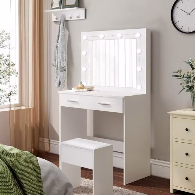 Comfy Living Modern White Vanity Set with Illuminated Hollywood LED Mirror, 2 Drawers and Stool