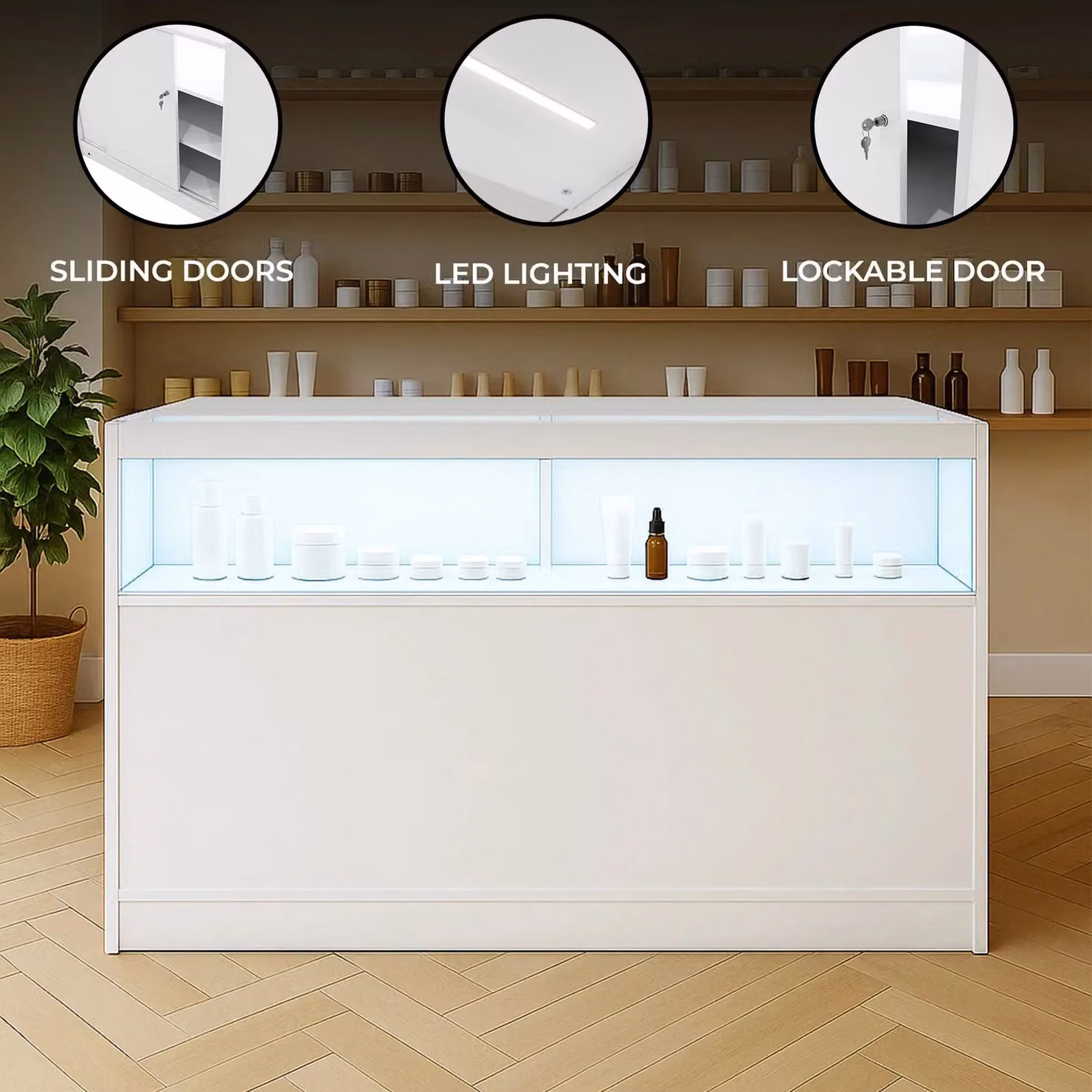Monstershop B1500 LED Retail Shop Counter in White with Glass Sliding Doors and Integrated Lighting – 2
