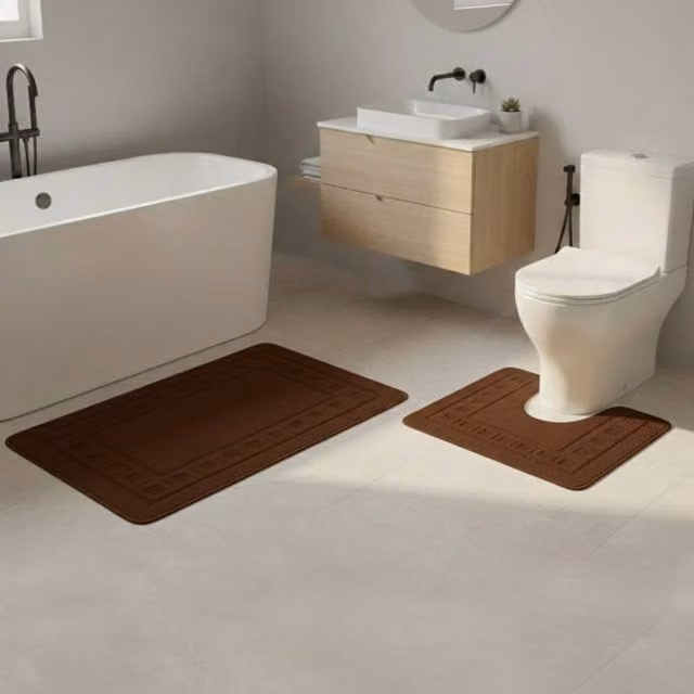 Snug City 2 Piece Box Design Bath Mat Set in Brown, Non-Slip and Absorbent, W: 80 cm, D: 50 cm – 1