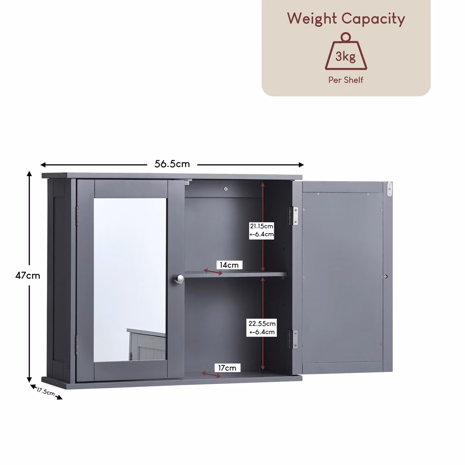 Home Discount Bath Vida Priano 2 Door Mirrored Wall Mounted Bathroom Storage Cabinet with Shelves, Dark Grey, W: 47 cm, H: 57 cm, D: 18 cm – 2