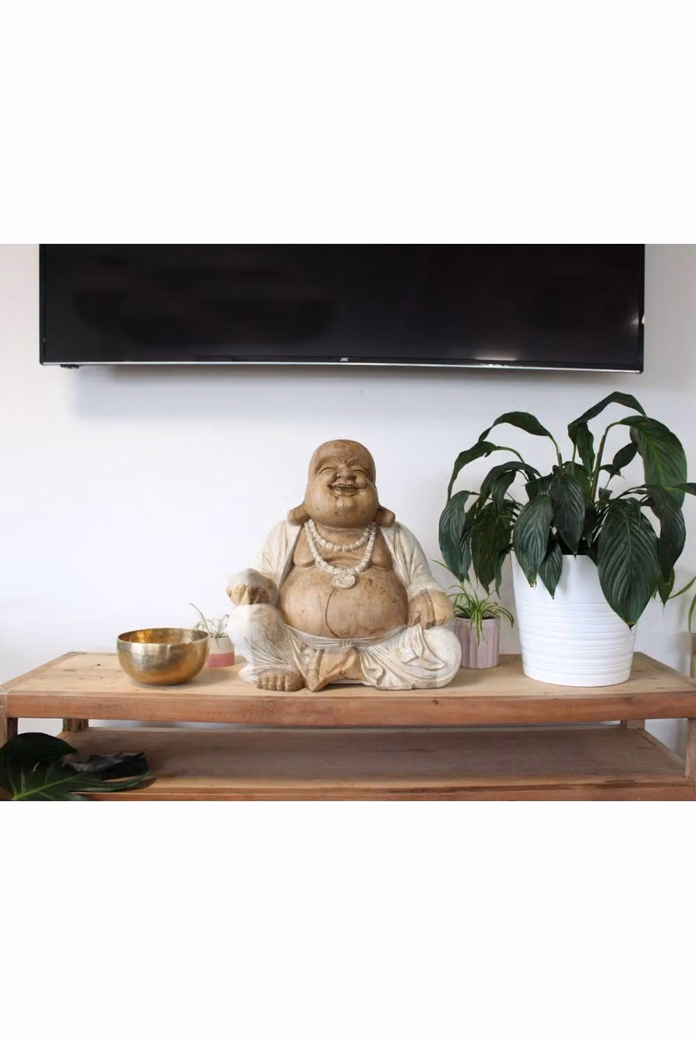 KDMD Happy Buddha Hand Carved Suar Wood Art, Brown, Height: 50 cm – 3