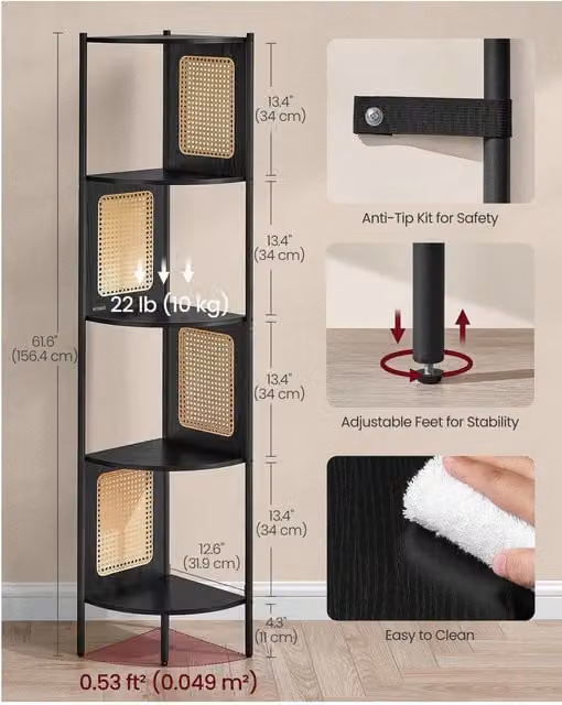 VASAGLE 5-Tier Corner Shelf with Polyrattan Sides in Black, W/D/H: 31.9 x 31.9 x 156.4 cm