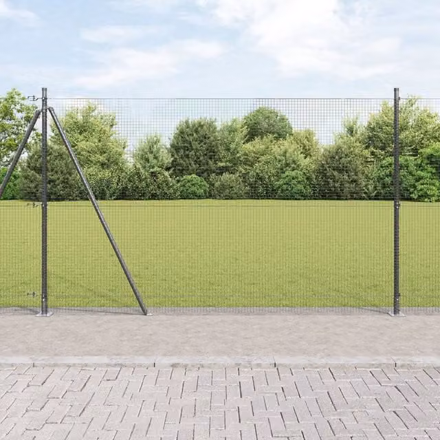 Berkfield Home Grey Steel Welded Wire Fence with 13 Flanged Posts, W: 25 m, H: 1.4 m