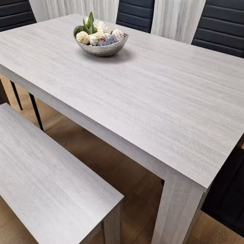 KOSY KOALA Modern Grey Dining Set with Rectangular Table, 4 Black Leather Chairs and Bench – 2