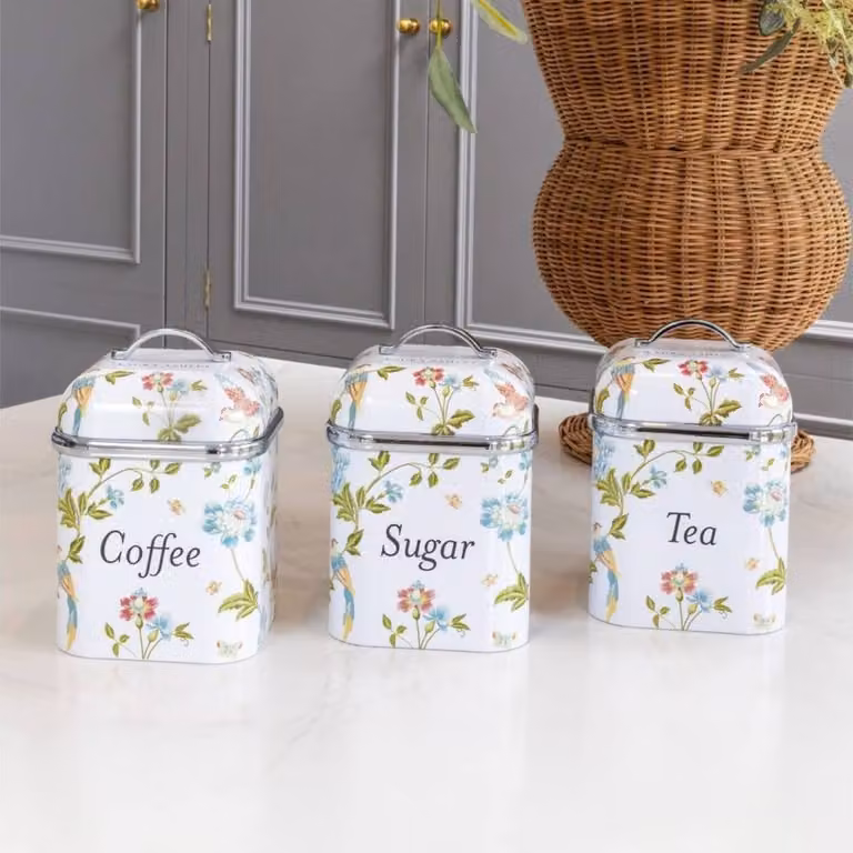 Laura Ashley Bread Bin and Set of 3 Airtight Canisters in White with Floral Print and Stainless Steel Details