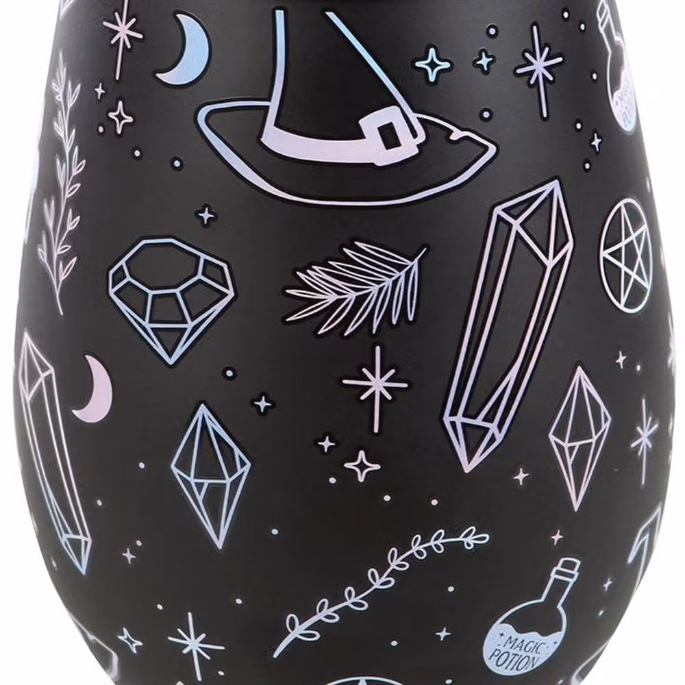 Uniqueful Crystal Witch Print Stemless Glass Tumbler in Black, 550ml – 2