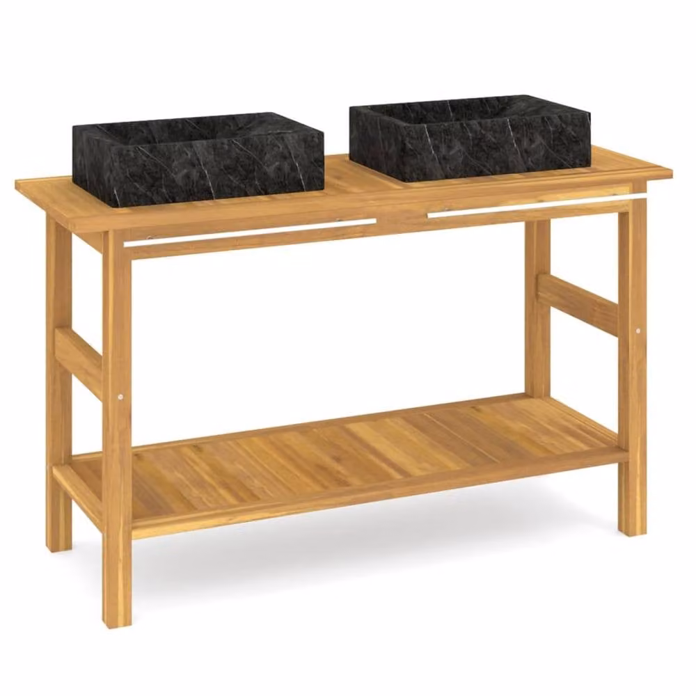 Berkfield Home Modern Freestanding Teak Bathroom Vanity Cabinet with Black Marble Sinks – 2