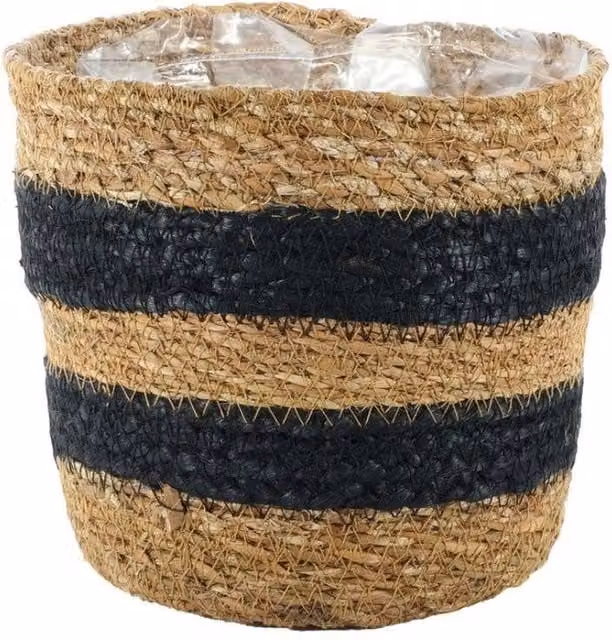 KDMD Black Striped Seagrass Open Weave Basket W: 16 cm, D: 18 cm
