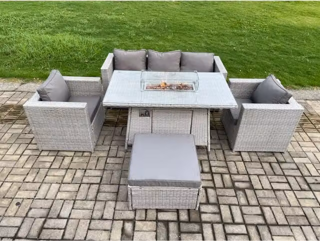 Fimous Outdoor PE Rattan Garden Furniture Gas Fire Pit Set in Light Grey Mixed