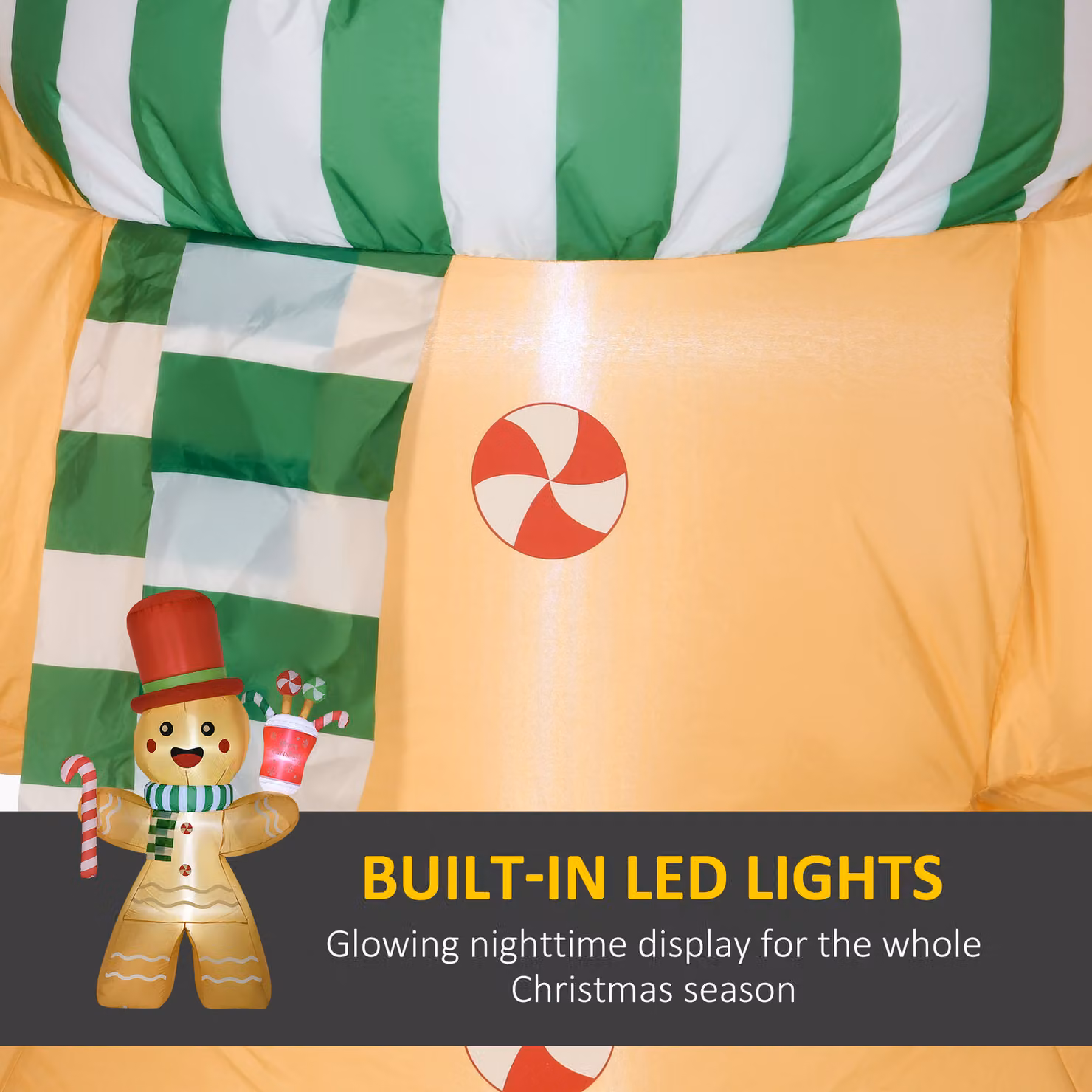 HOMCOM 7.5ft Christmas Inflatable Gingerbread Man with Candy Cane and LED Lights in Orange and Multicolour – 3