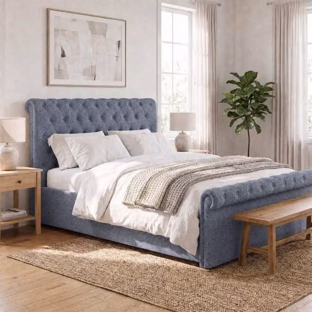 FWStyle Abbey King Size Ottoman Bed Frame in Steel Grey with Scroll Buttoned Upholstery and Side Lift Base, W/D/H: 180 x 200 x 123 cm – 1