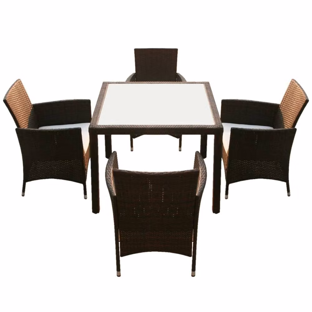 Berkfield Home 5 Piece Brown Poly Rattan Outdoor Dining Set with Glass Table and Weather Resistant Cushions – 3