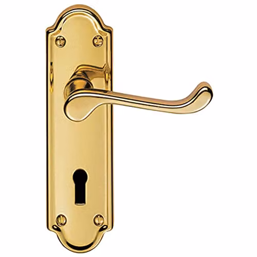 Loops Pair Victorian Upturned Handle on Lock Backplate, Polished Brass, 168 x 47 mm