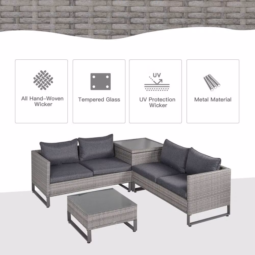 Wyld Haus Samilo 4 Seater Grey Rattan Garden Sofa Set with Glass Coffee Table and Storage – 5