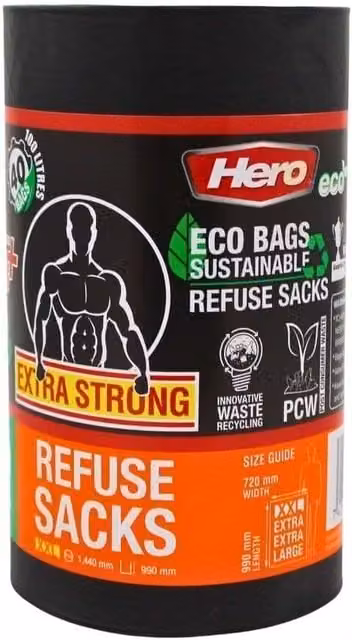 Hero Heavy Duty Extra Large Black Bin Bags, 100l, 40 Pack