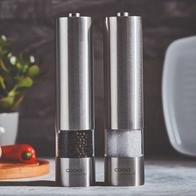 Cooks Professional Electric Salt and Pepper Mill Set in Stainless Steel, Metallic Silver
