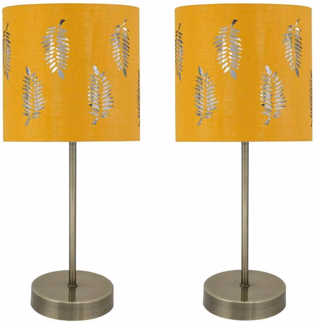 First Choice Lighting Set of 2 Antique Brass Stick Table Lamps with Ochre Fabric Shades – 1