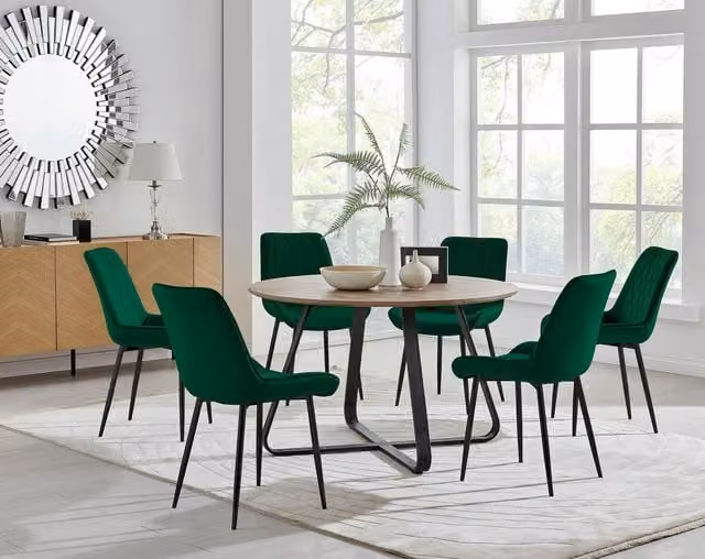FurnitureboxUK Santorini Brown Round Dining Table and 6 Pesaro Green Upholstered Chairs with Black Legs