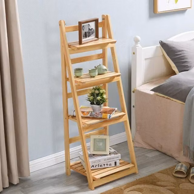 Livingandhome Wooden Folding Ladder Plant Stand Storage Shelf, Brown, Height: 113 cm