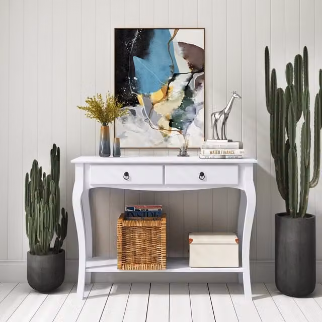 HOMCOM Classic Rectangular Console Table with Storage Shelves in White