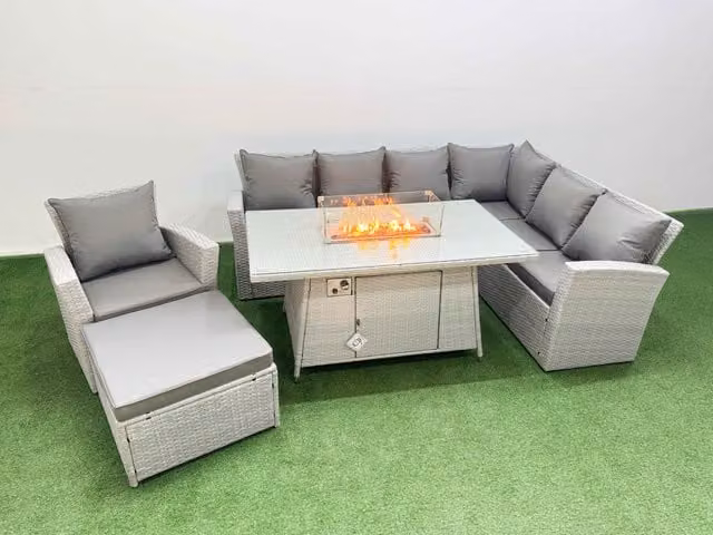 Fimous 8 Seat Rattan Garden Furniture Corner Sofa Set with Gas Firepit Table in Light Grey